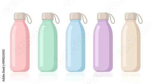 Row of five colorful reusable water bottles in pastel colors isolated on white background, ideal for eco-friendly lifestyle promotion, hydration marketing and healthy habit content