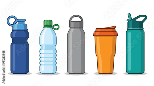 Collection of various colorful reusable water bottles, plastic bottle, steel thermos and coffee mug isolated on white background, ideal for healthy lifestyle blog, eco campaign and product banner