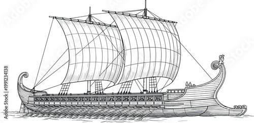 Tableau sur toile Detailed Black and White Ink Sketch of Ancient Greek Roman War Galley Ship with
