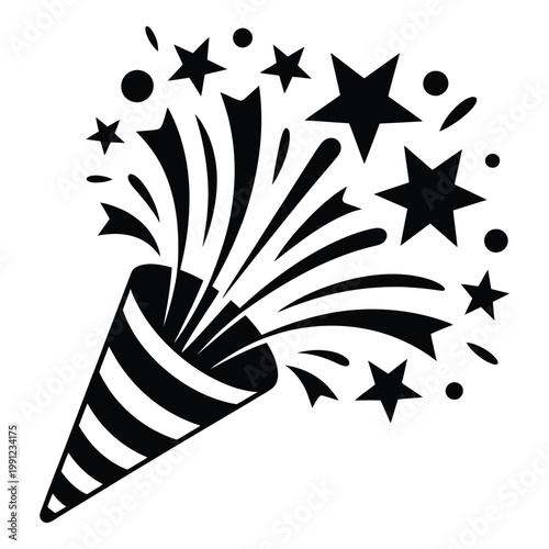 Confetti popper exploding with stars and streamers for celebrations and parties, party popper bursting with festive confetti, black icon on transparent grid background.