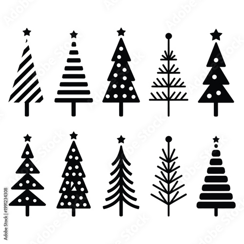 Minimalist christmas tree silhouettes collection with geometric patterns and stars for winter holiday greeting cards and creative designs