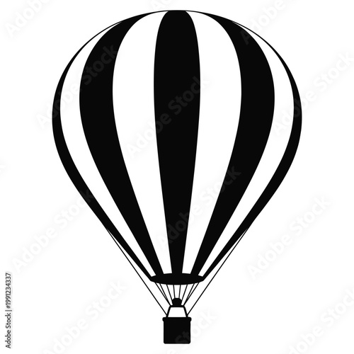 Hot air balloon black silhouette vector illustration isolated on transparent background with stripes and passenger basket design
