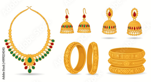 Set of Traditional Indian Gold Jewelry Including Necklace Earrings and Bangles.