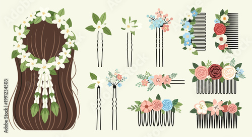 Set of floral hair accessories for wedding and bridal hairstyles.