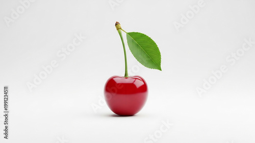 Fresh Ripe Red Cherry with Green Leaf Isolated on White Background