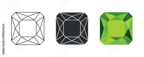 Green gemstone with square cut in three styles — outline, silhouette and 3D colored version, vector