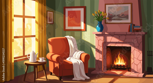Cozy Living Room Interior Illustration Featuring Armchair, Fireplace, Warm Lighting, and Home Decor Elements for Comfort, Relaxation, and Modern Interior Design Concepts