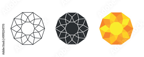 Yellow-orange round gemstone with brilliant cut in three styles — outline, silhouette and 3D colored version, vector
