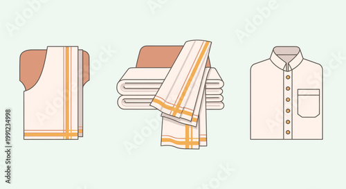 Set of folded traditional Indian garments including veshti and formal shirt.