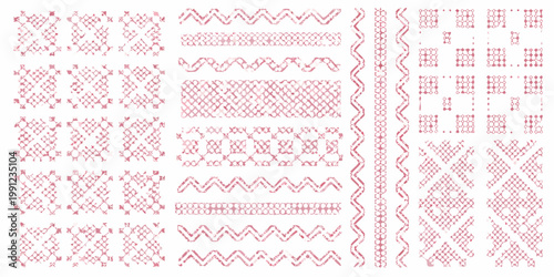 Collection of red embroidery stitch patterns on a white background
