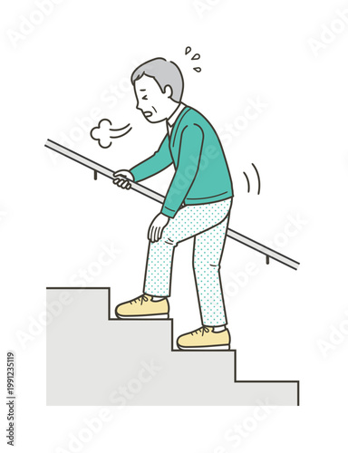 階段を辛そうにため息をつきながら上るミドル世代の男性のイラスト
