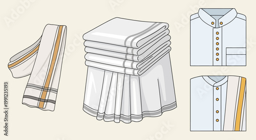 Traditional Indian Menswear Set Featuring Veshti Mundu and Kurta Shirt Illustration.