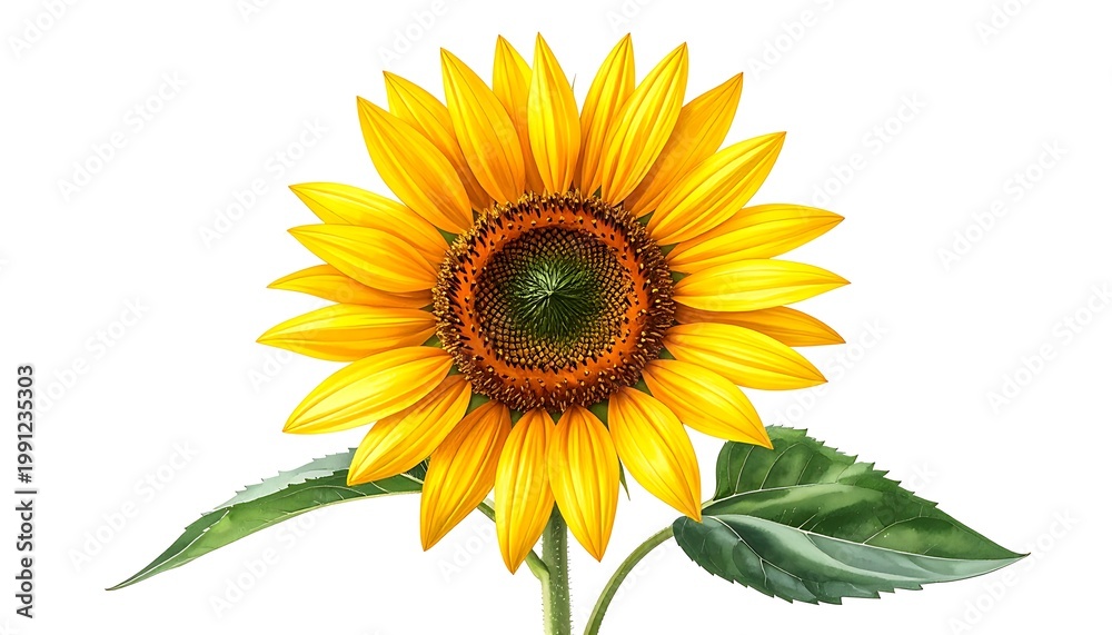 Obraz premium A vibrant sunflower with large yellow petals and green leaves