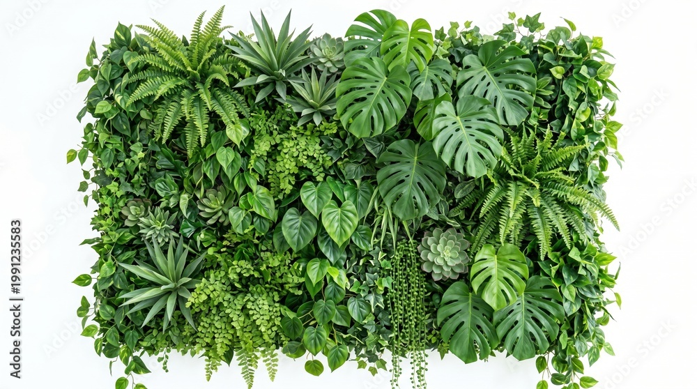 Naklejka premium Vertical green wall with lush tropical foliage including monstera and ferns on white background vertical tropical