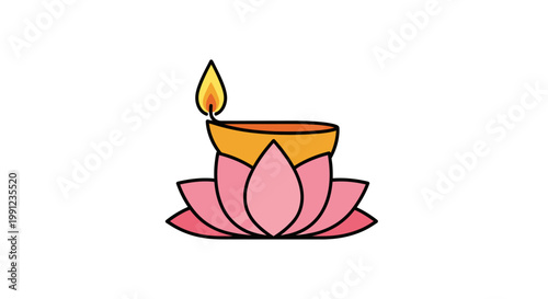 Traditional Indian diya oil lamp sitting on a pink lotus flower illustration.