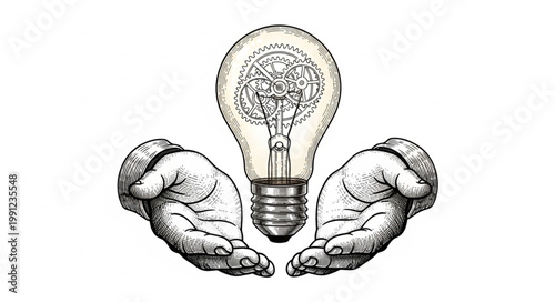 Hands holding a glowing light bulb with a tree inside symbolizing new ideas.
