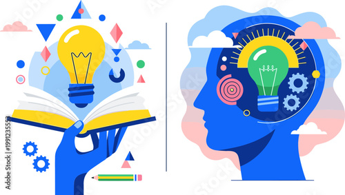 Creative Thinking and Learning Concept Illustration Featuring Open Book with Light Bulb and Human Mind with Ideas, Innovation, and Knowledge Visualization