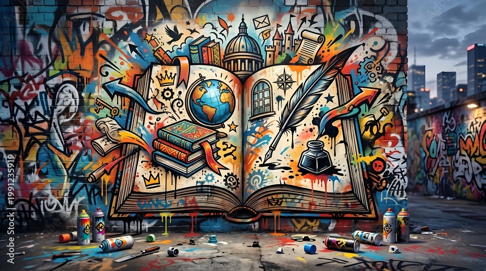 Fototapeta premium World Book Day Graffiti Illustration with Open Book and Floating Literary Symbols