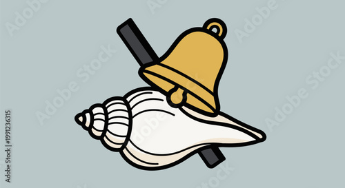 A vector illustration of a white conch shell and a golden brass bell.