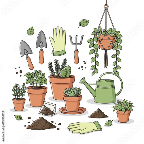 Gardening tools and hanging plant seamless illustration pattern