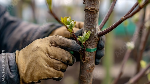 Grafting a young tree branch onto a mature tree trunk for propagation.
