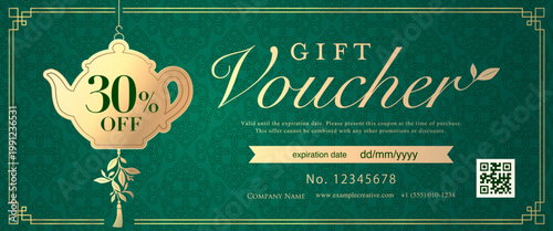 Asian Tea House Gift Voucher Template - Green & Gold Teapot Design 
