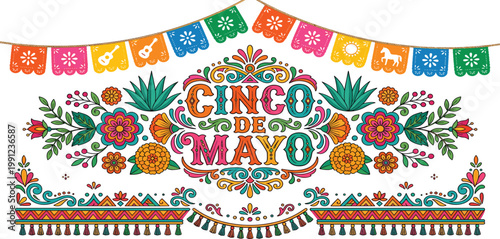 Cinco de Mayo festive banner with traditional Mexican floral ornaments colorful papel picado bunting and decorative typography for cultural holiday celebration and party invitations.