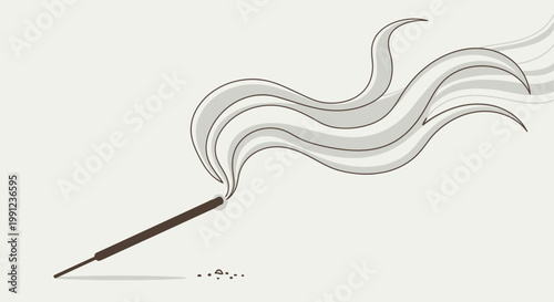 Minimalist lineart illustration of a burning incense stick with swirling smoke trails.