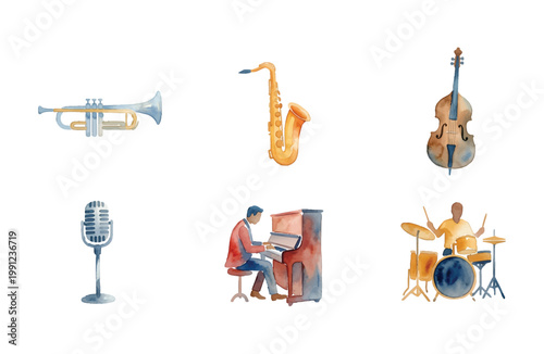Watercolor Jazz Music Instruments and Icons Set on White Background