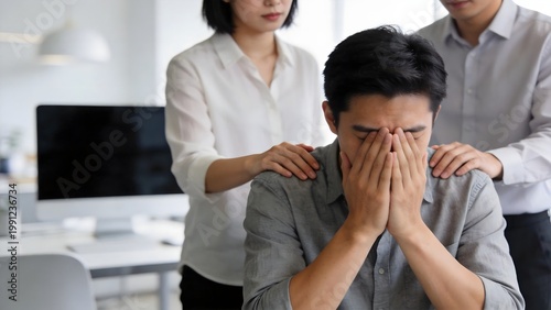 Man in distress with colleagues comforting
