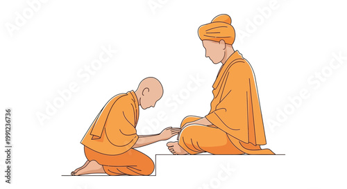 Continuous line drawing of a Buddhist monk bowing to a seated elder monk in orange robes.