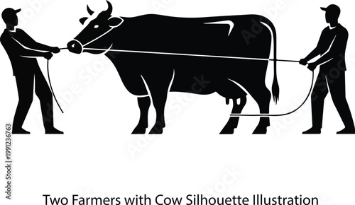 Isolated black vector illustration featuring a silhouette of a cow and calf alongside a bull representing dairy and beef cattle in a farm agriculture setting