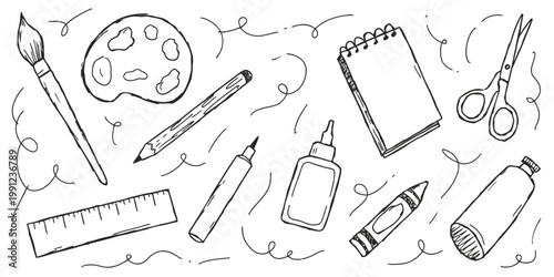 Doodle-style elements including a paint palette, pencil, paintbrush, and eraser, hand-drawn with black lines on a white background, suitable for