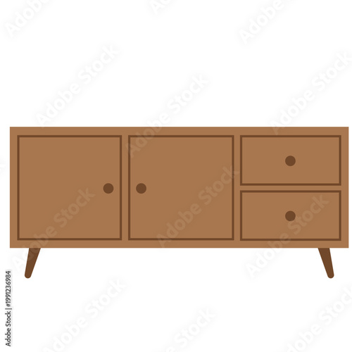 Brown wooden sideboard cabinet with drawers, storage furniture, living room decor, vector illustration.