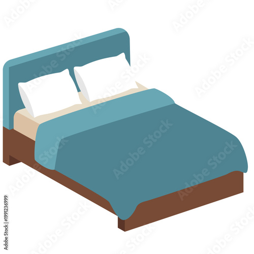 Double bed with blue duvet and pillows, bedroom furniture, sleeping arrangement, vector illustration icon.