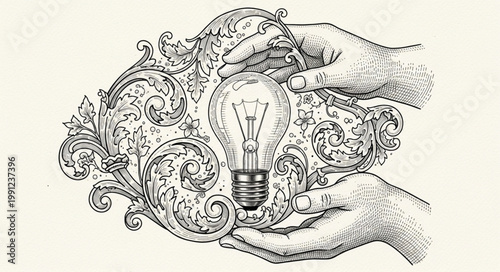 Hands holding a glowing light bulb with ornate decorative elements.