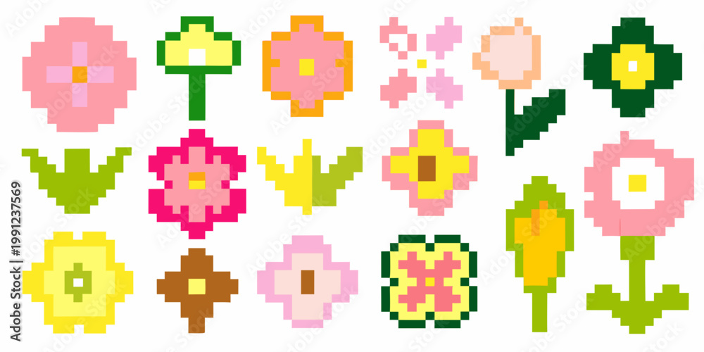 Naklejka premium Collection of colorful pixelated flowers and foliage arranged on a white background