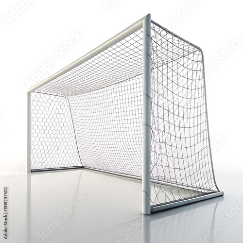 Soccer goal net on white background with reflection