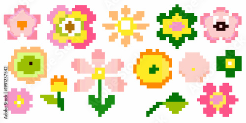 Collection of colorful pixelated flowers arranged on a white background