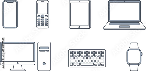 Modern electronic devices set featuring smartphone laptop desktop computer tablet smartwatch and keyboard icons for technology communication and digital workspace design concepts.