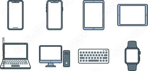 Modern digital device mockup set featuring smartphone tablet laptop desktop computer smartwatch and keyboard icons for responsive web design technology and electronic equipment showcases.