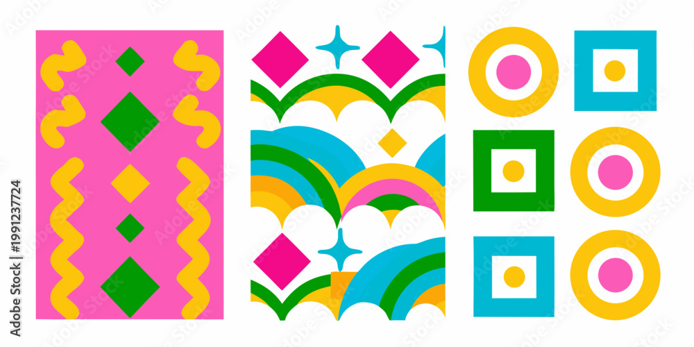 Obraz premium Abstract geometric patterns in vibrant colors arranged in vertical columns