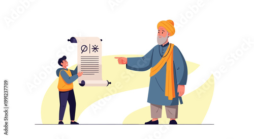 Elderly Sikh Guru pointing at a scroll held by a young student illustration.