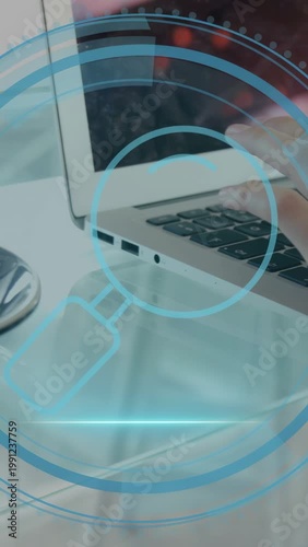 User right hand pressing laptop keys, starting cyber security HUD focusing ports with scanning line