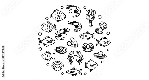 Seafood outline icon collection in circular layout fish shrimp crab and shellfish vector set isolated on white