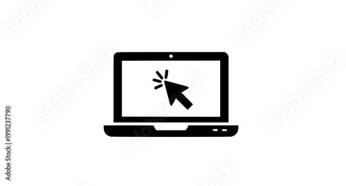 Laptop click cursor black and white flat vector icon simple digital device interaction symbol isolated on white