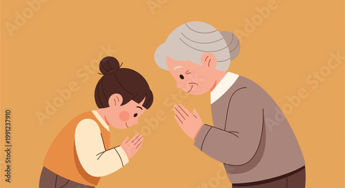 Elderly woman and young girl bowing to each other with respect.