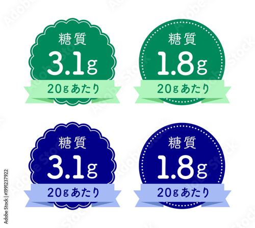 20グラム当たりの糖質量デザインバッジ｜フォレストグリーンやディープブルーの円形バッジにライトミントやペールブルーのリボンを添えた糖質含有量を明示する健康管理用ラベルセット