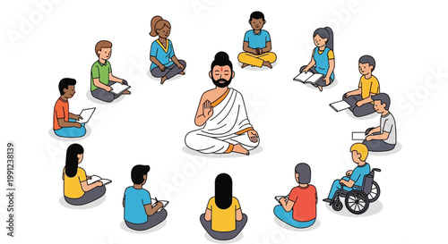Illustration of a Spiritual Guru Teaching a Diverse Group of Students in a Circle.
