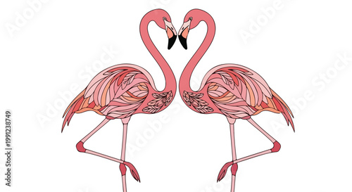 Bild auf Leinwand Pink flamingos, heart shaped necks, love birds, romantic vector icons, animal il